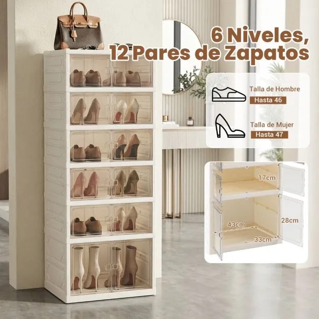 Caixas transparentes para sapatos com 12 compartimentos empilháveis com portas 45 x 35 x 117 cm, capacidade para sapatos até ao tamanho 46, em plástic