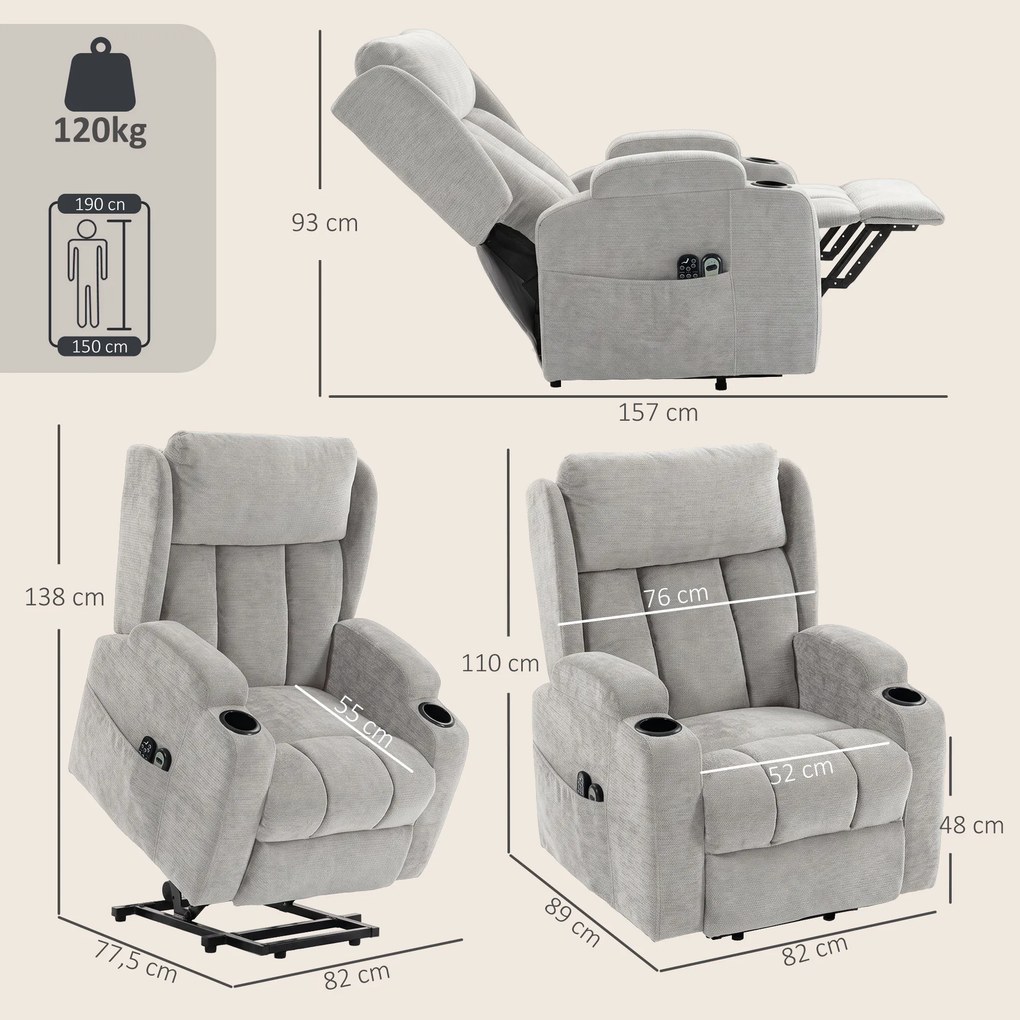 Poltrona Elevatória Elétrica Reclinável, 89 x 82 x 110 cm, Massagem Vibratória e Aquecimento Lombar, Cinzento