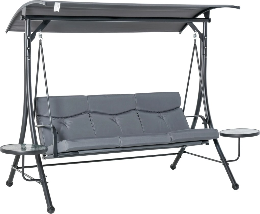 Outsunny Balanço Hollywood com Mesinhas, Balanço de Jardim 3 lugares com Toldo Ajustável 271 x 125 x 172 cm, Cinza | Aosom Portugal