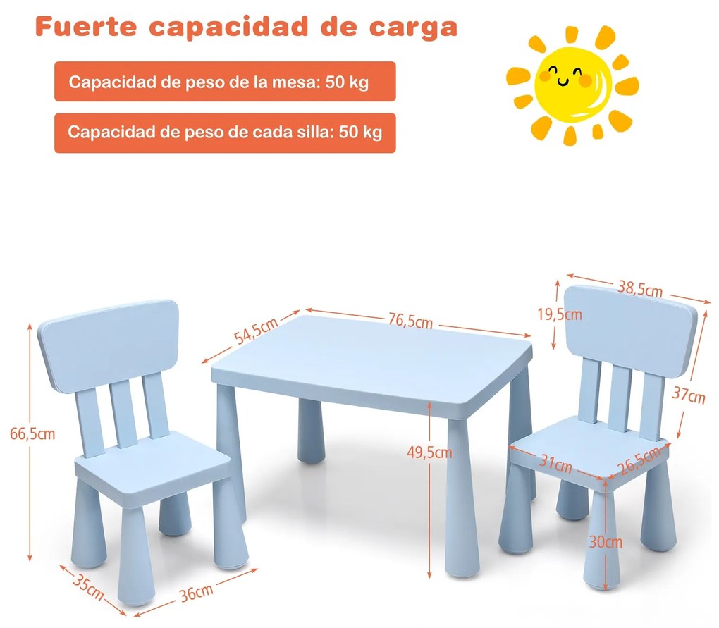 Conjunto Mesa e 2 Cadeiras para Crianças Comer Desenhar Escrita e Artesanato 76,5 x 54,5 x 49,5 cm Azul