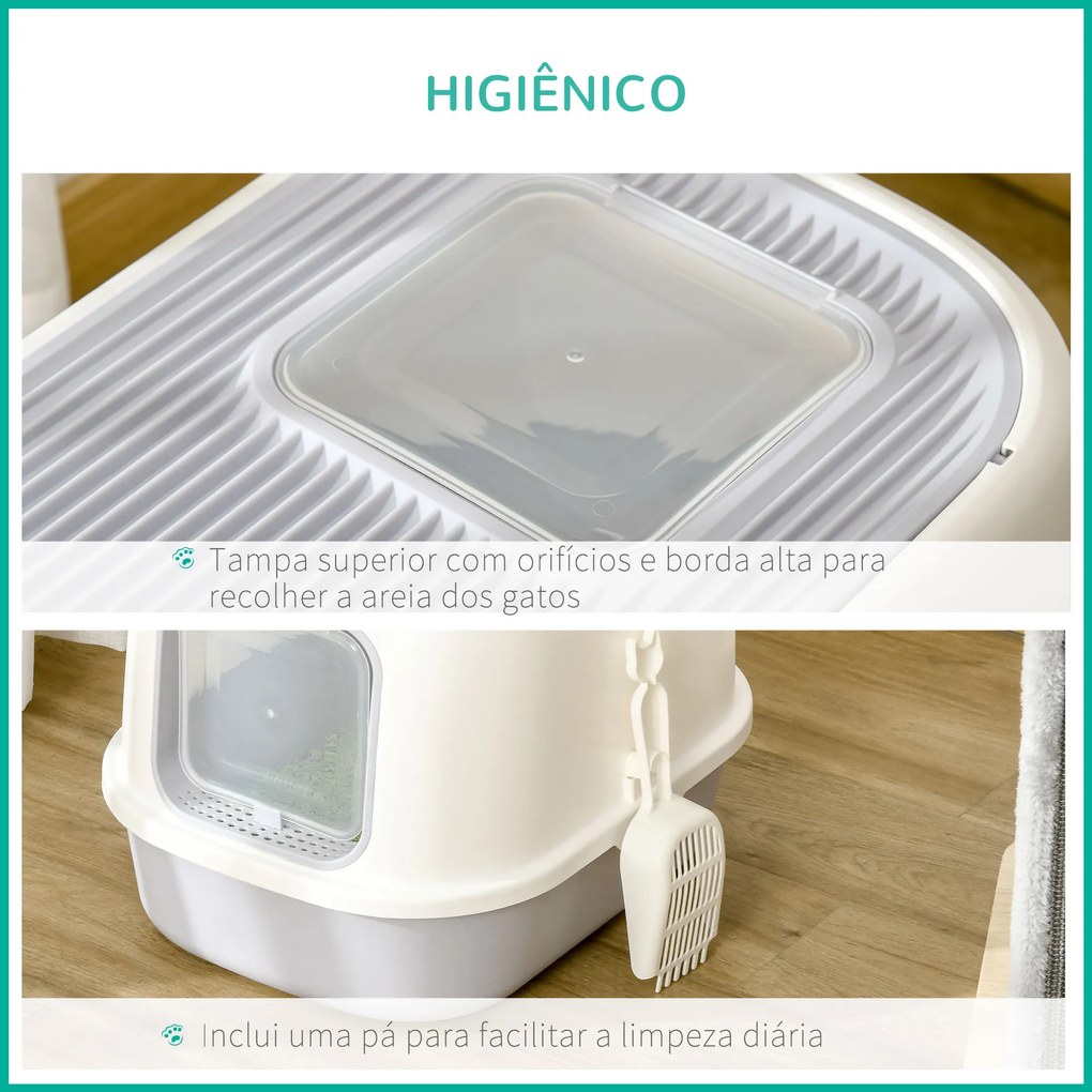 PawHut Caixa de Areia para Gatos Caixa de Areia Fechada com Entrada Dianteira Saída Superior Bandeja Removível e Pá 40x53,5x37,5cm Cinza e Bege