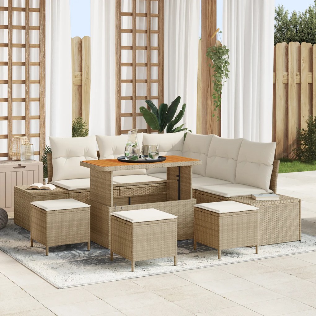 Conjunto de Sofá de Jardim vidaXL 9 Peças com Almofadas Bege Rattan PE
