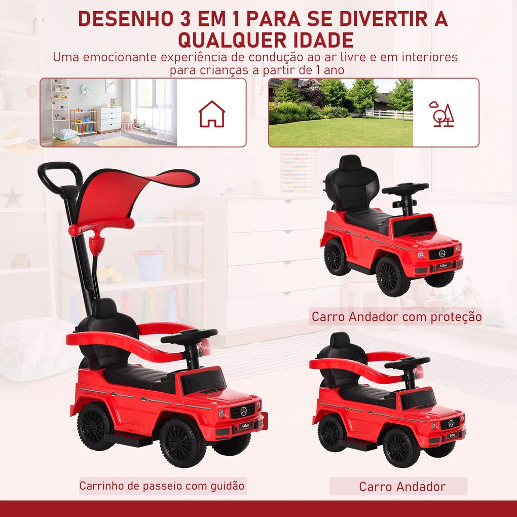 Carro Andador para Crianças Mercedes G350 com Buzina Capô Removível Encosto e Suporte de Proteção 85,5x40,5x95 cm Vermelho