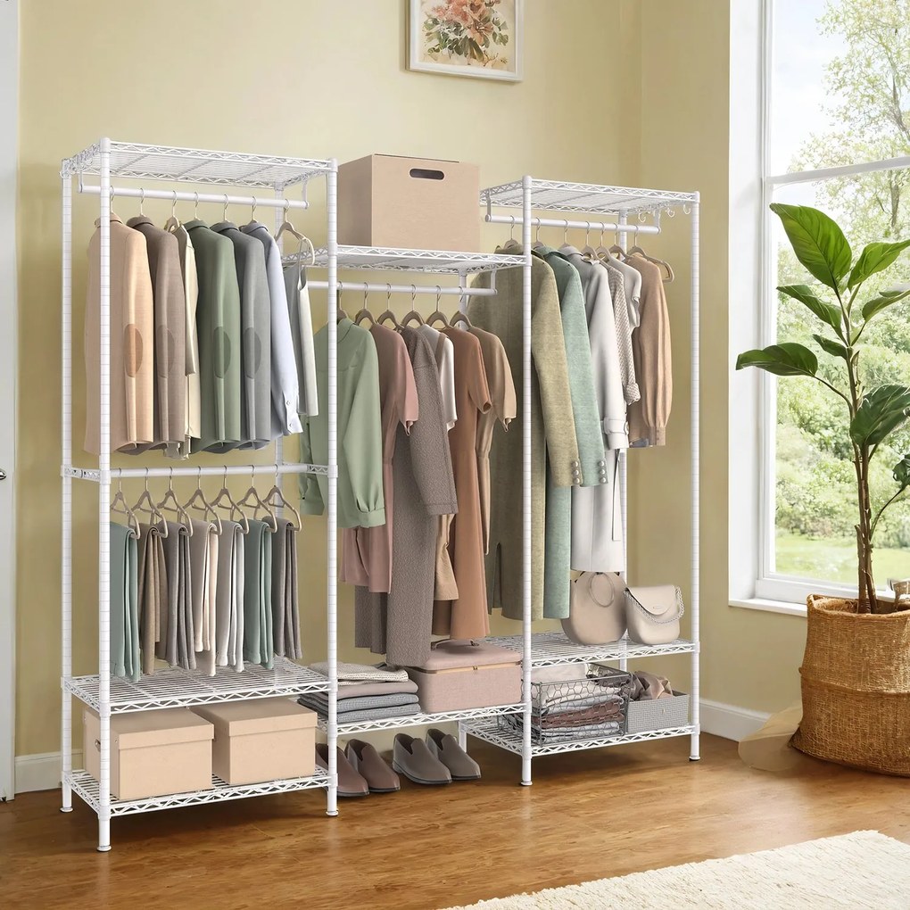 Guarda-roupa em metal aberto com 4 varões e 8 prateleiras 40 x 175 x 180 cm Branco