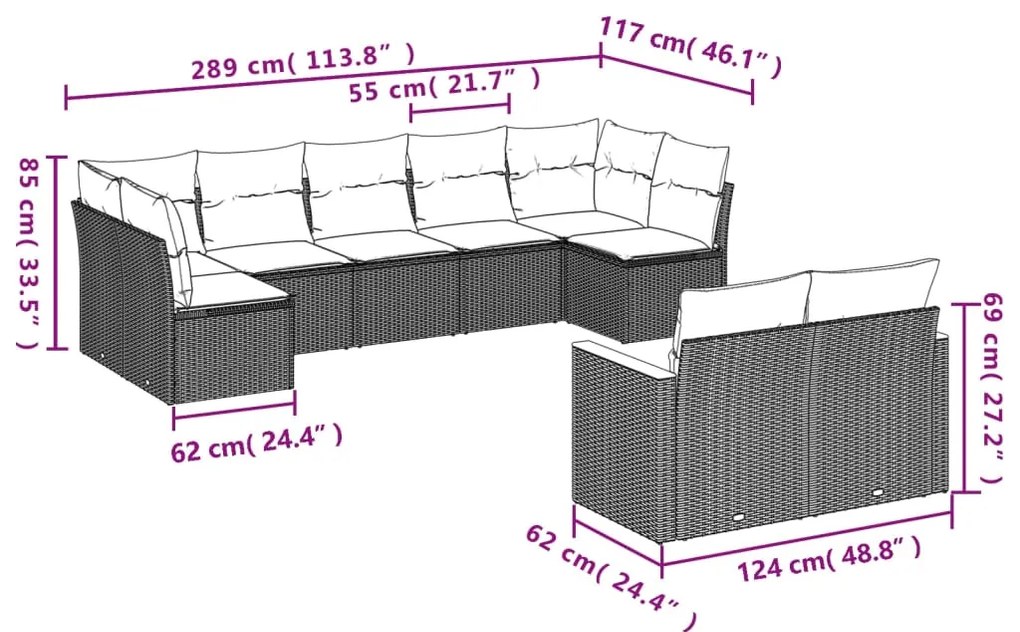 9 pcs conjunto de sofás p/ jardim com almofadões vime PE bege