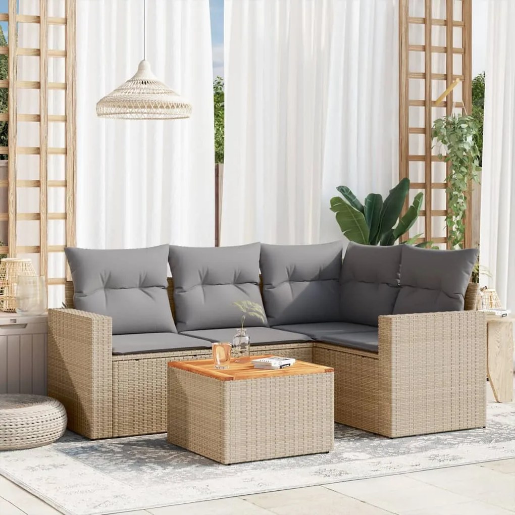 5 pcs conj. sofás jardim c/ almofadões vime PE bege misturado
