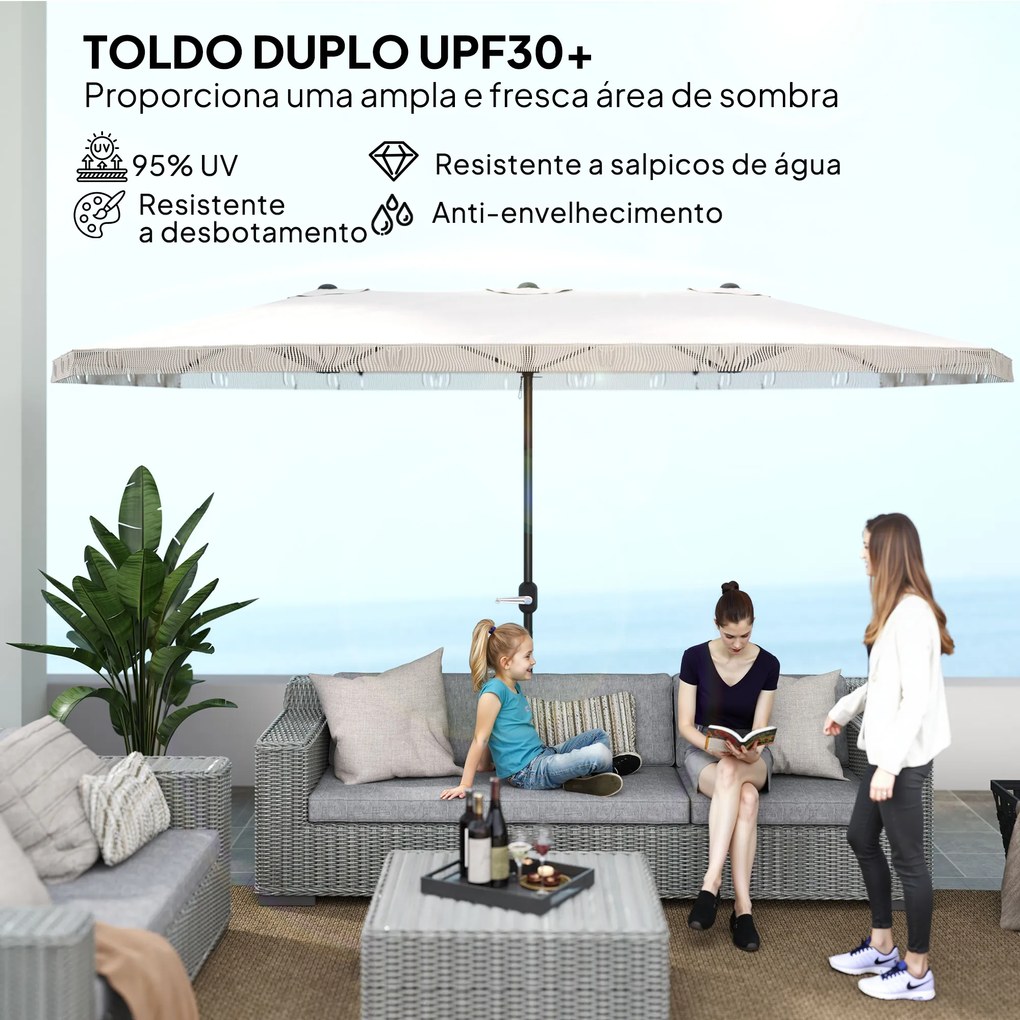 Chapéu de Sol Duplo 4,5x2,65 m com Manivela Manual Resistente a Água e Proteção UV30+ Chapéu de Sol Grande Creme