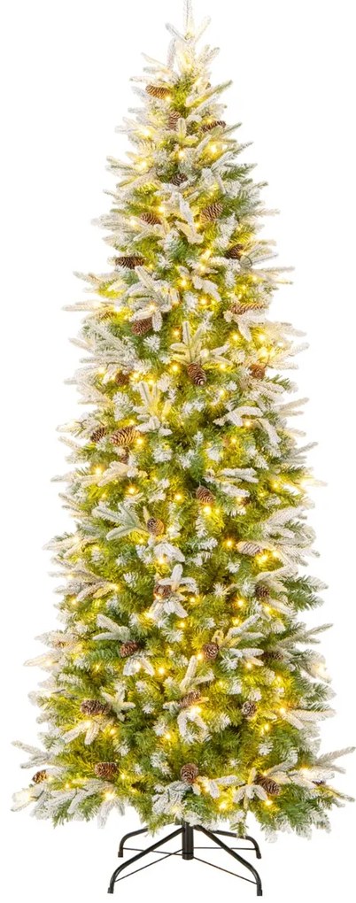 Árvore de Natal estreita pré-iluminada de 225 cm com 350 luzes LED Neve simulada 913 ramos articulados 75 pinhas Verde+Branco