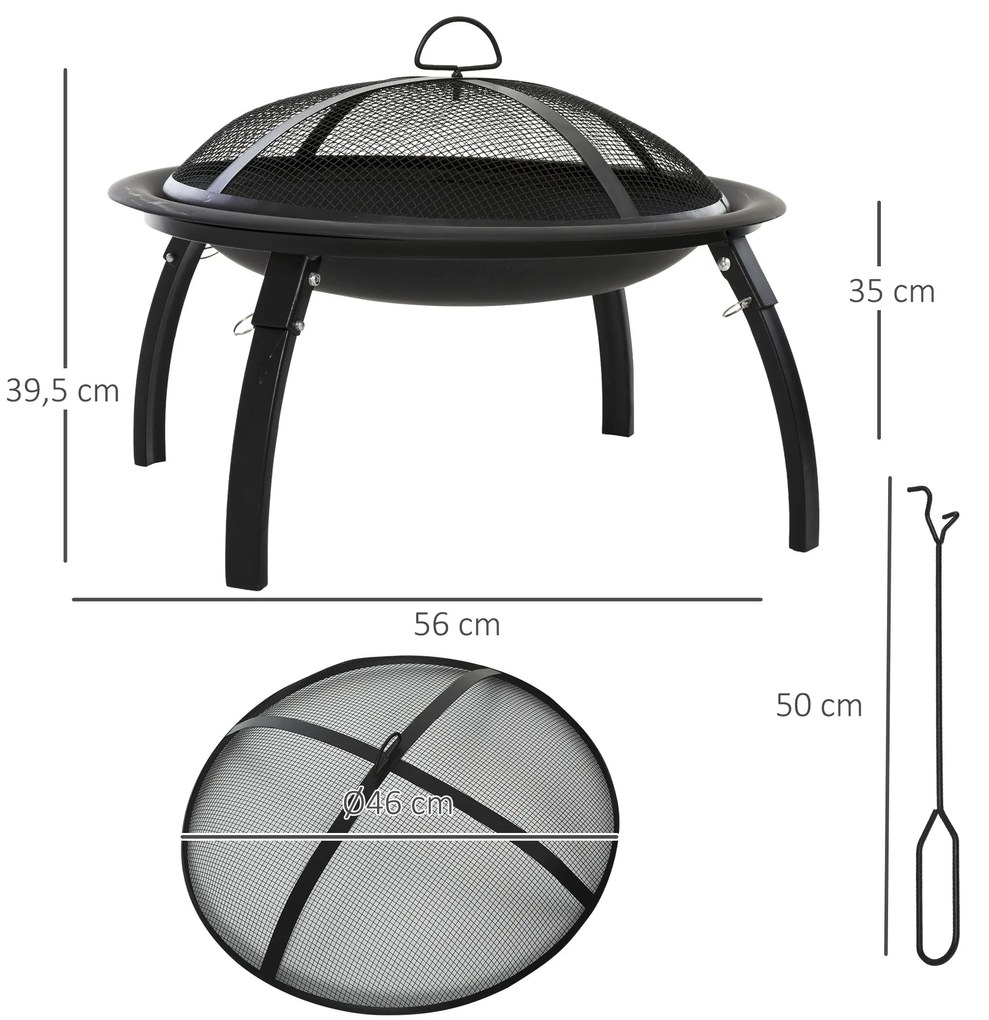 Braseiro ao ar livre Ø56 cm Fogueira Portátil para aquecimento varanda churrasco jardim com cobertura de rede Preto