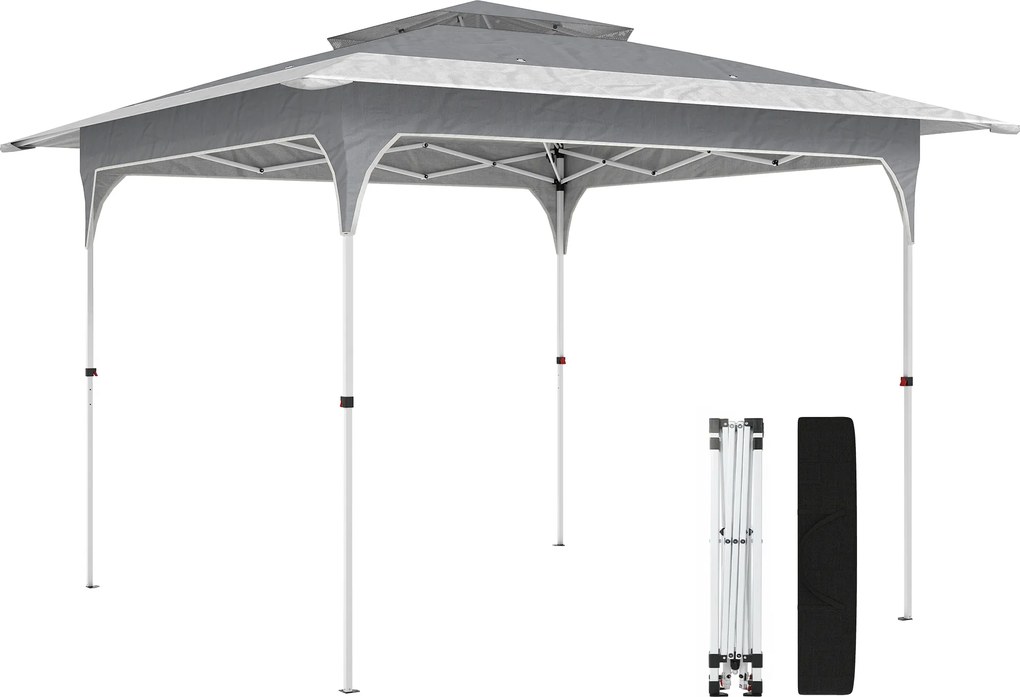 Outsunny Tenda Dobrável 3,5x3,5 m Pop-up com Altura Ajustável 3 Níveis Teto Duplo Fecho Central e Bolsa UPF50+ Cinzento | Aosom Portugal