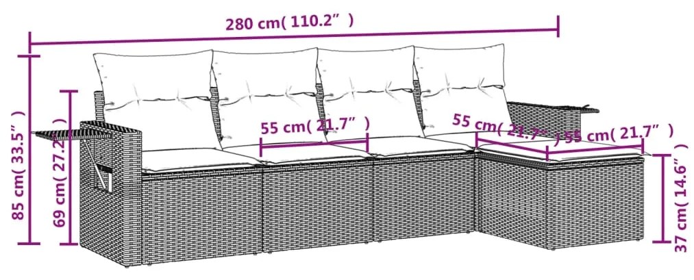 5 pcs conjunto sofás de jardim c/ almofadões vime PE cinzento