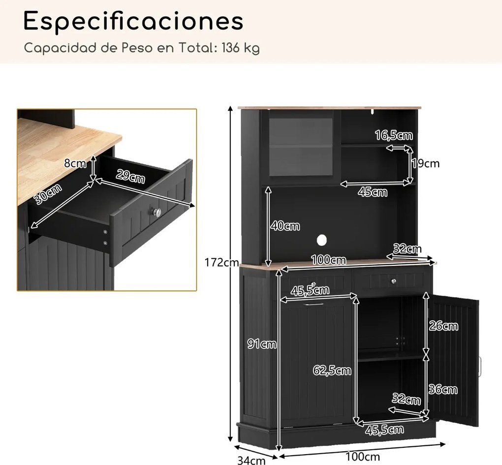 Armário Cozinha 100 x 34 x 172 cm com Porta para caixote de lixo com porta dupla basculante com bancada preto