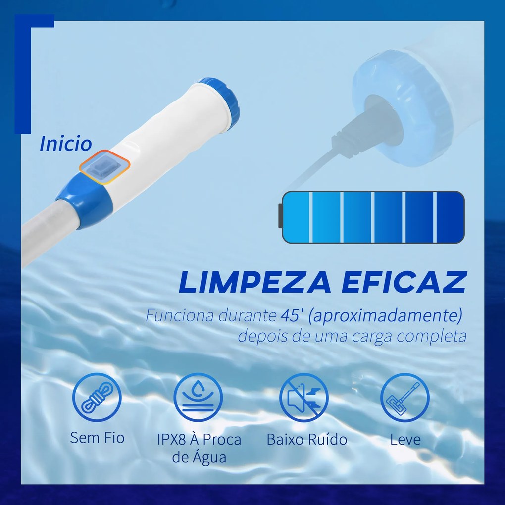 Aspirador Limpador para Piscina Aspirador para Piscina Elétrico Autonomia 45 Minutos com Poste Telescópico 150-210cm Escova e 2 Rodas para Piscinas