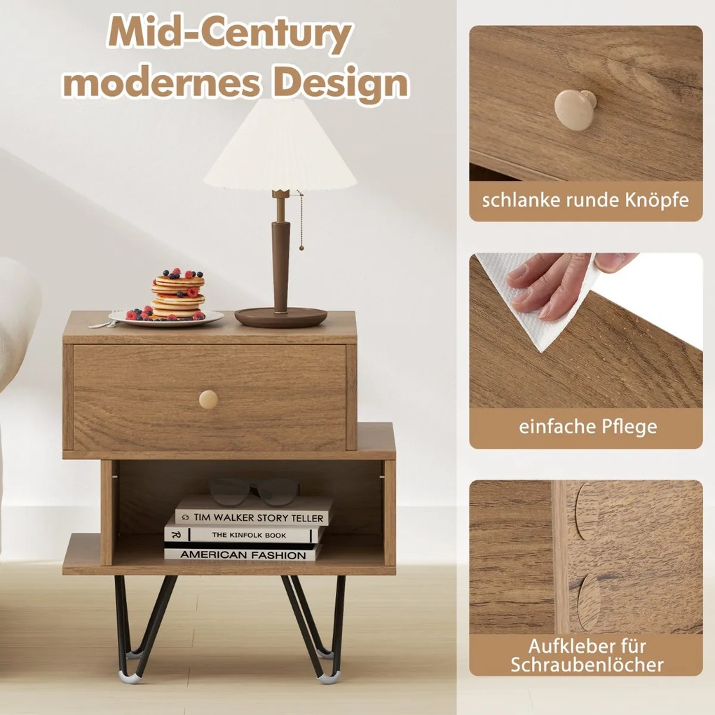 Conjunto de 2 mesas laterais modernas de meados do século com gaveta removível - nogueira