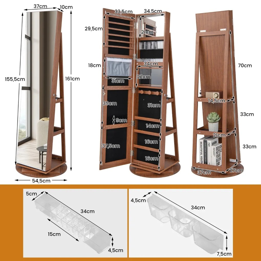 Espelho Guarda Joias rotativos 360° com luzes LED Espelho de corpo inteiro Com Estante 54,5 x 161 cm Castanho