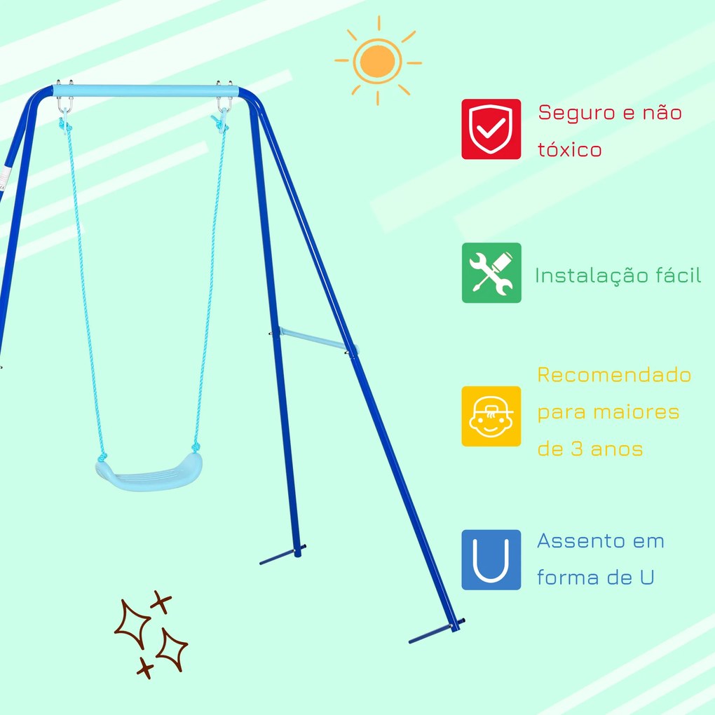 Outsunny Balanço de Metal para Crianças acima de 3 Anos Conjunto de Balanço com Assento e Corda Infantil para Pátio Jardim Carga Máxima. 30 kg 140x120x170 cm Azul