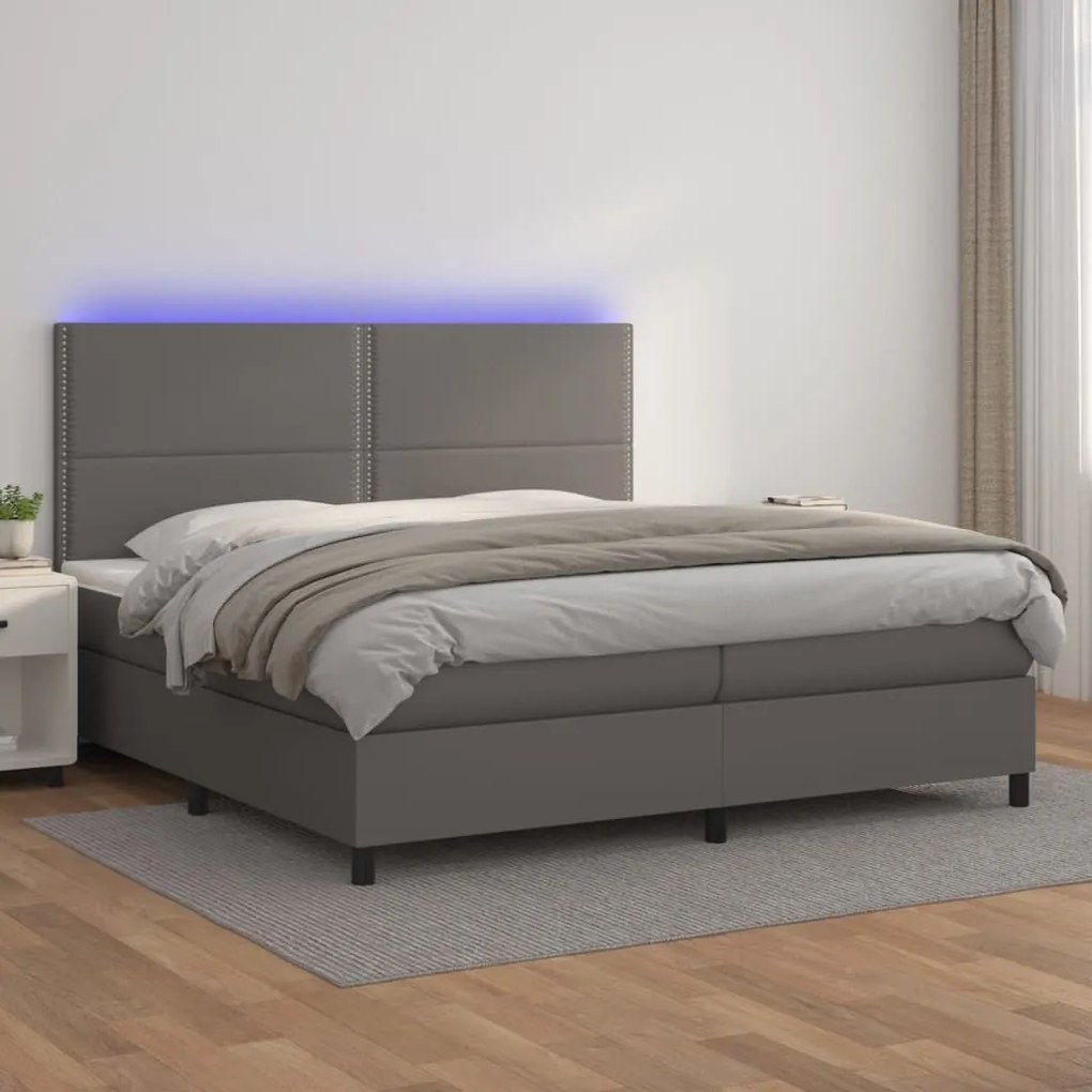 Cama box spring c/ colchão/LED 200x200cm couro artificial cinza