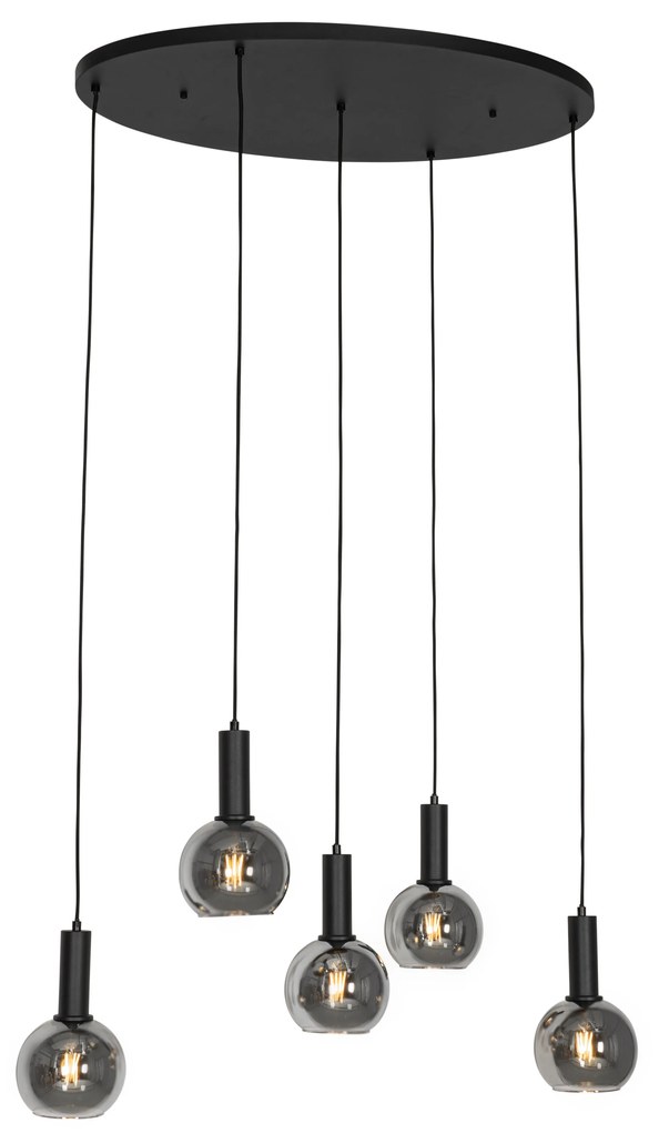 Candeeiro suspenso Art Déco preto com vidro fumê oval 5 luzes - Josje Art Deco