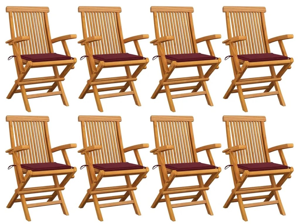 vidaXL Cadeiras jardim c/ almofadões vermelho tinto 8 pcs teca maciça