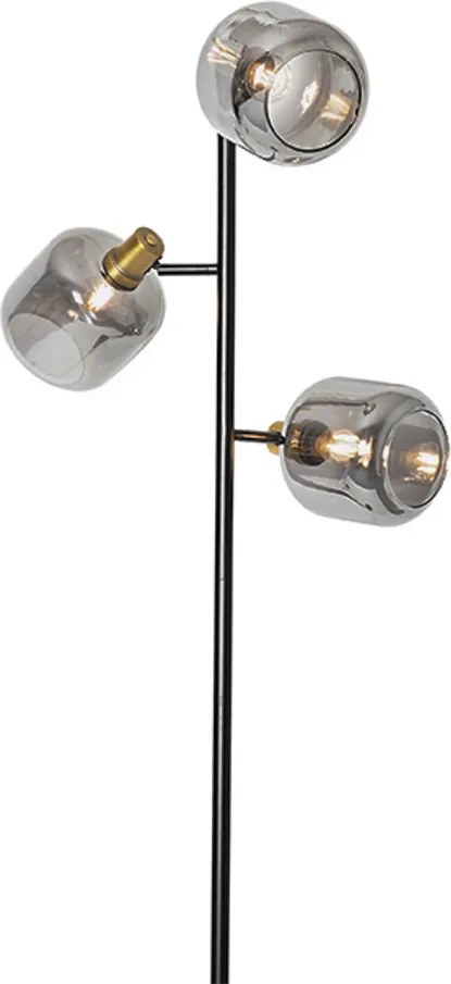 Candeeiro de pé preto com dourado e vidro fumê 3 luzes - Zuzanna