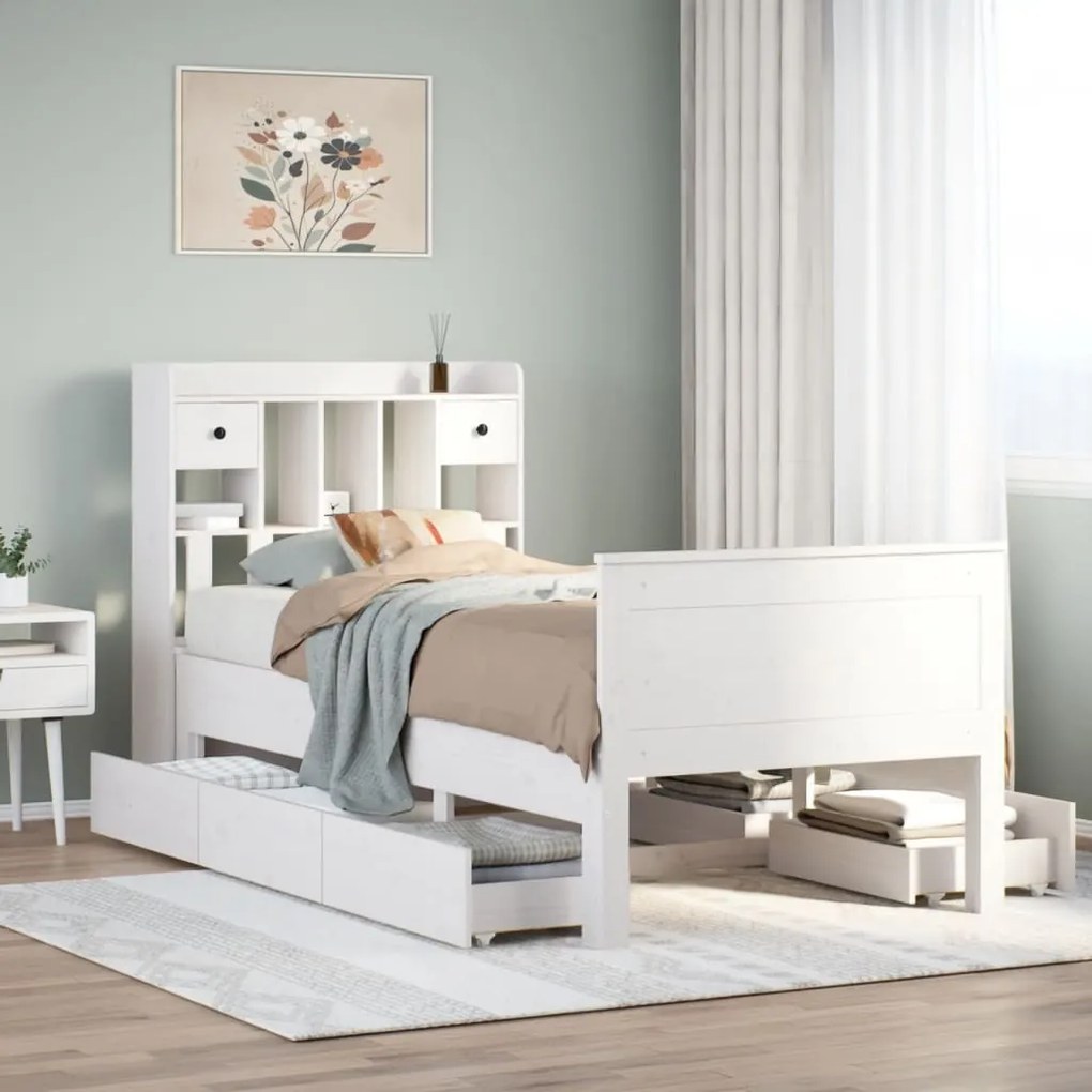 Cama com estante sem colchão 90x190 cm pinho maciço branco