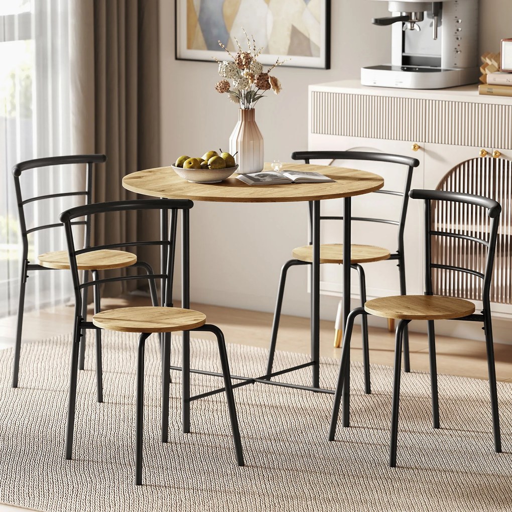 Conjunto de Mesa e Cadeiras de Refeição Mesa de Cozinha Redonda com 4 Cadeiras Estilo Industrial Madeira e Preto