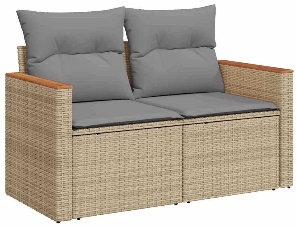 9 pcs conjunto sofás jardim com almofadões vime PE/acácia bege