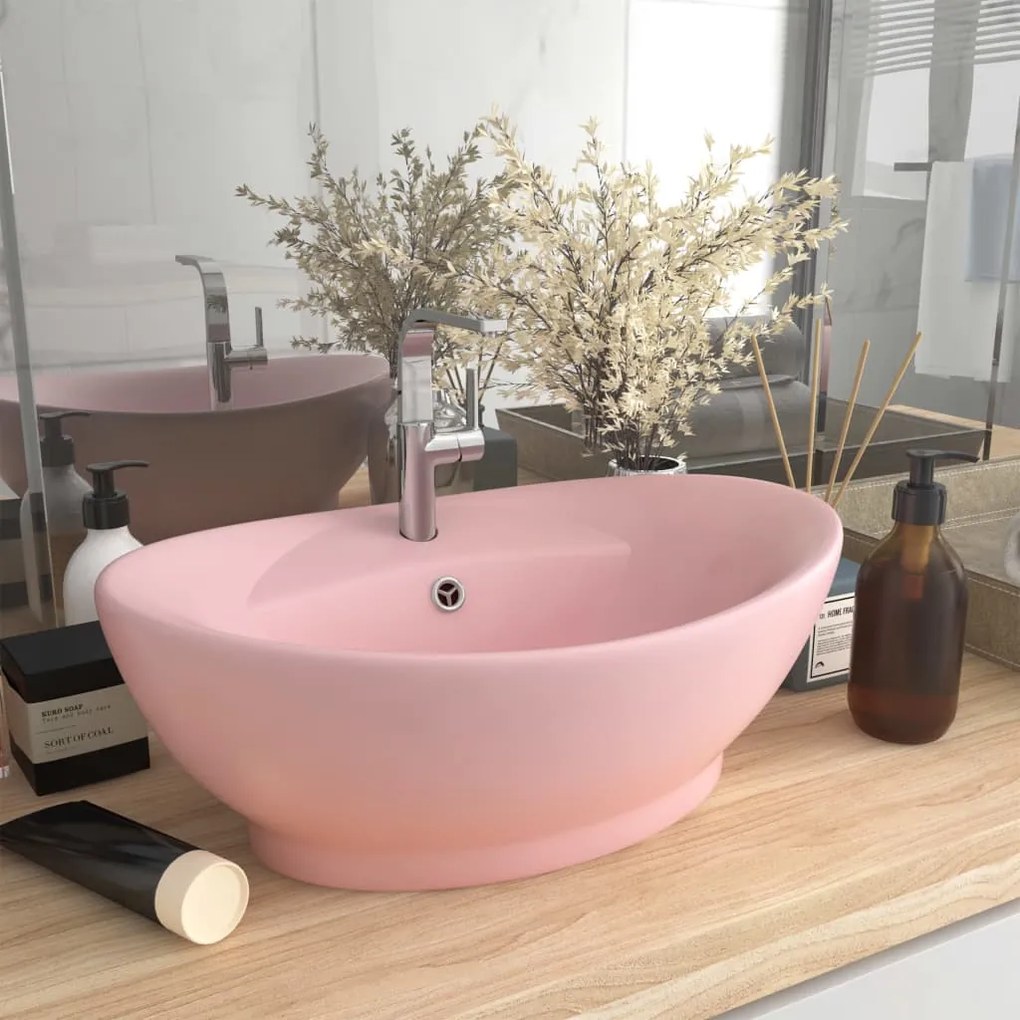 146933 vidaXL Lavatório luxuoso oval 58,5x39 cm cerâmica rosa mate
