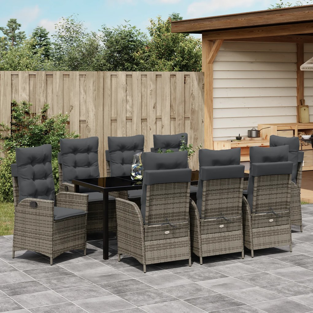 Conjunto de Jantar de Jardim com 9 Peças e Almofadas Cinza Rattan Poli