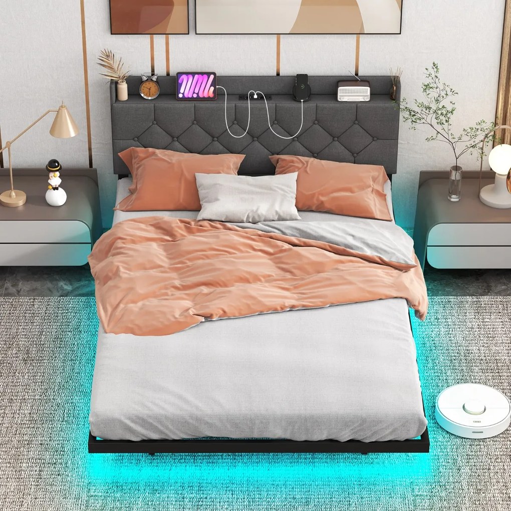 Cama flutuante com luzes LED, plataforma moderna e cabeceira estofada ajustável, 200*160*100 cm, cinza