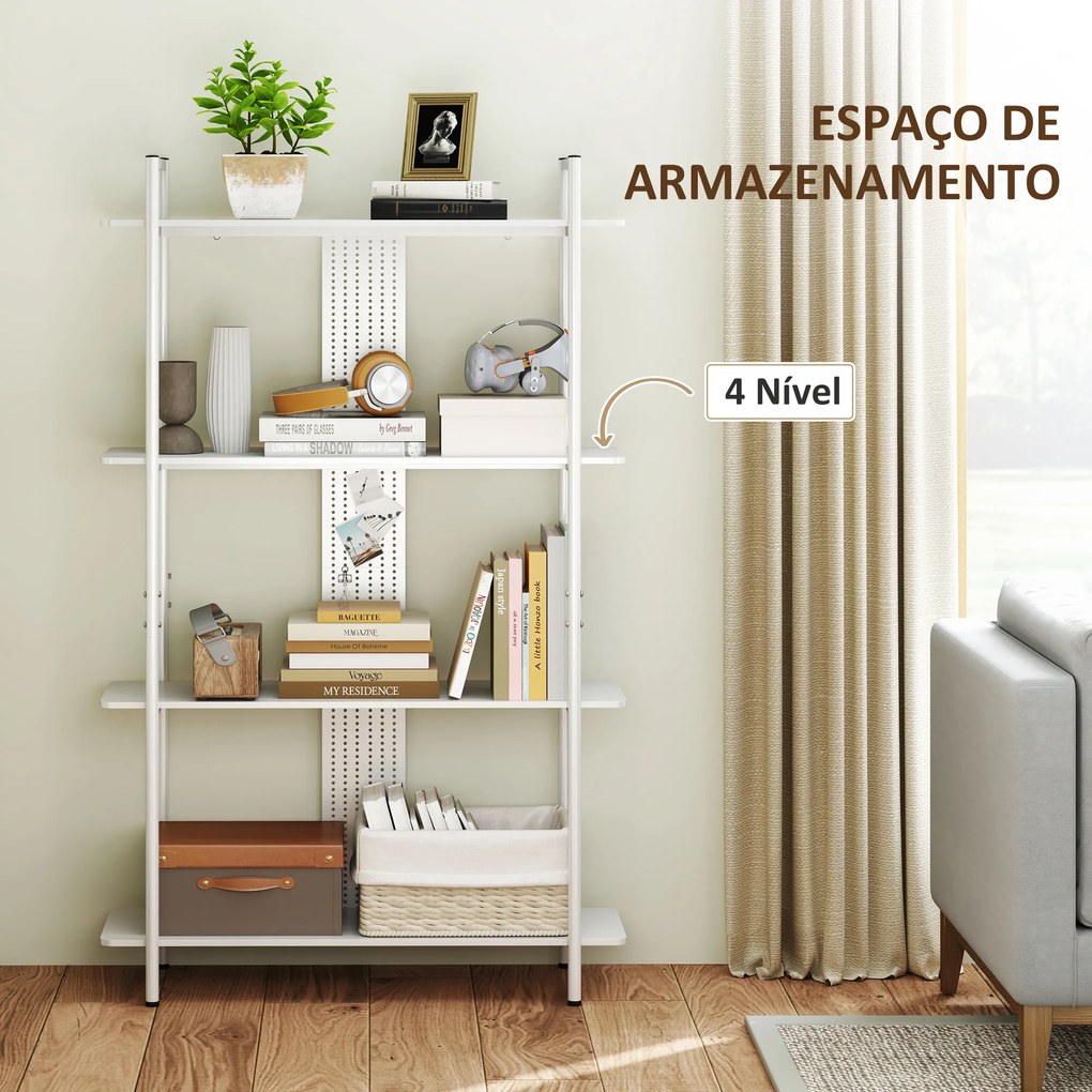 Estante de 4 Níveis Estante para Livros com Painel Perfurado e Estrutura Metálica 100x35x160,5 cm Branco