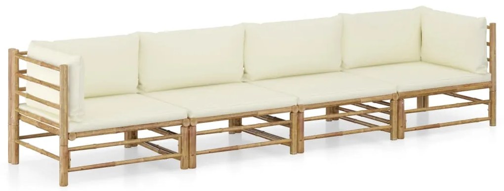 4 pcs conj. lounge p/ jardim em bambu c/ almofadões branco nata