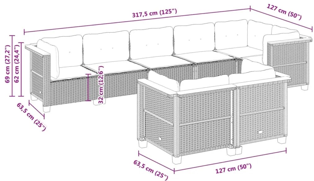 8 pcs conjunto sofás de jardim c/ almofadões vime PE cinzento