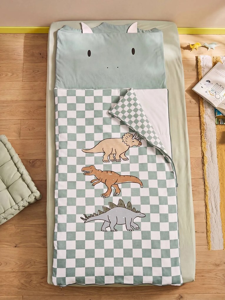 Saco-cama dinossauro para criança quadrados verde