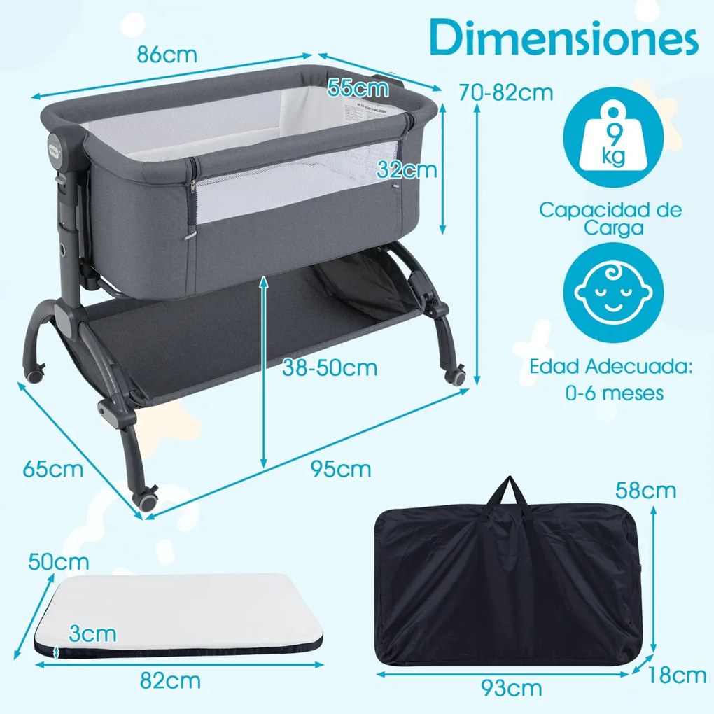 Berço 2 em 1 para bebés com altura ajustável, 4 rodas, rede mosquiteira e cesto de arrumação para bebés dos 0 aos 6 meses, 95 x 65 x 70-82 cm, Cinzent