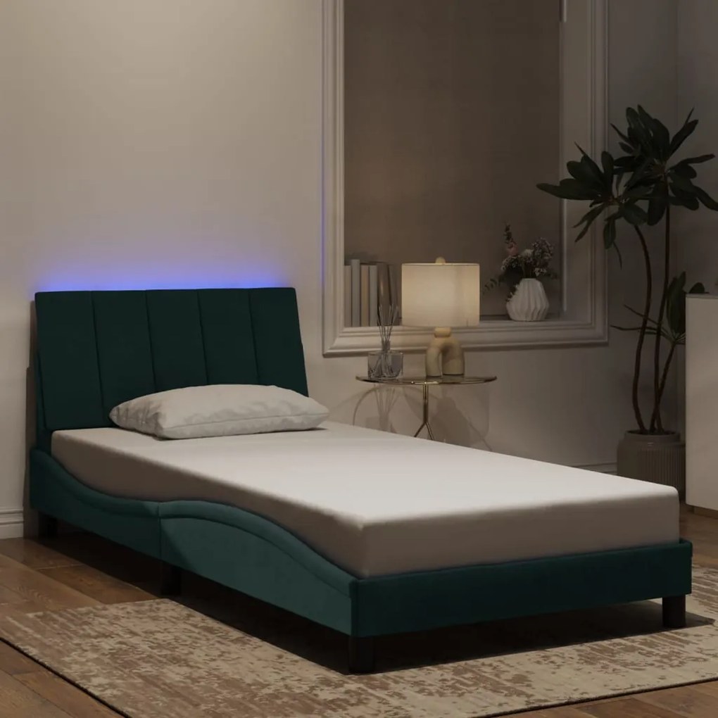 vidaXL Estrutura de cama c/ luzes LED 100x200 cm veludo verde-escuro