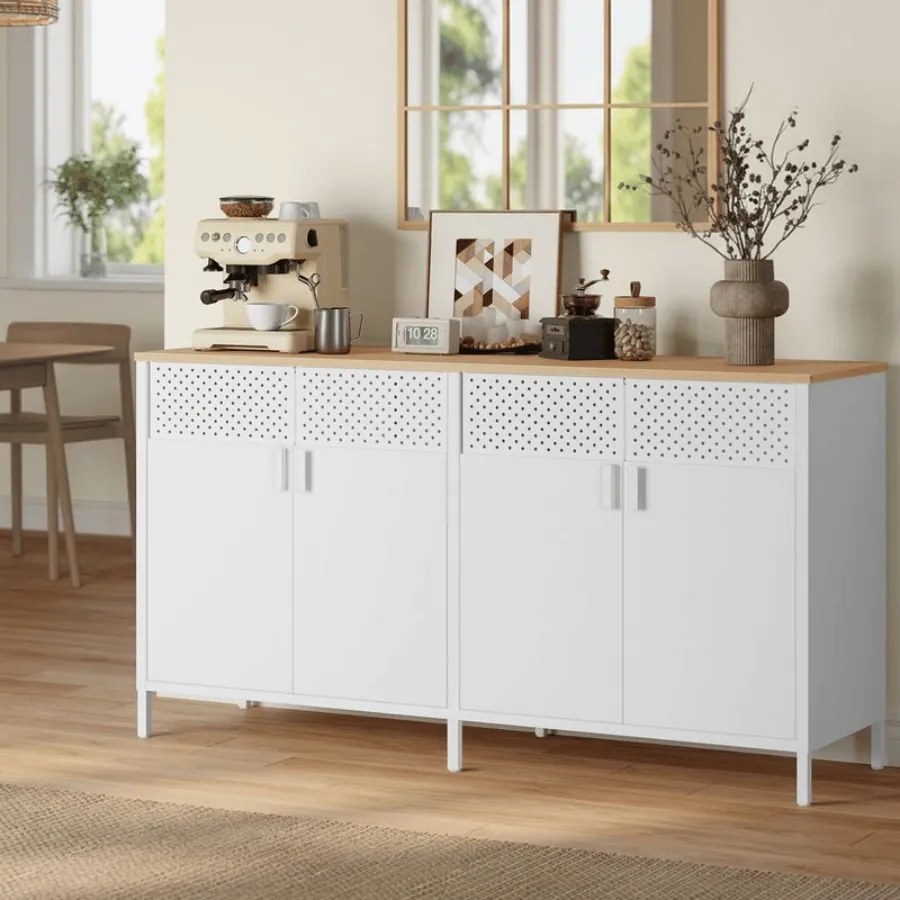 Armário de arrumação sala, cozinha, escritorio 40 x 141 x 76 cm com 4 portas em aglomerado de madeira e aço branco e bege carvalho