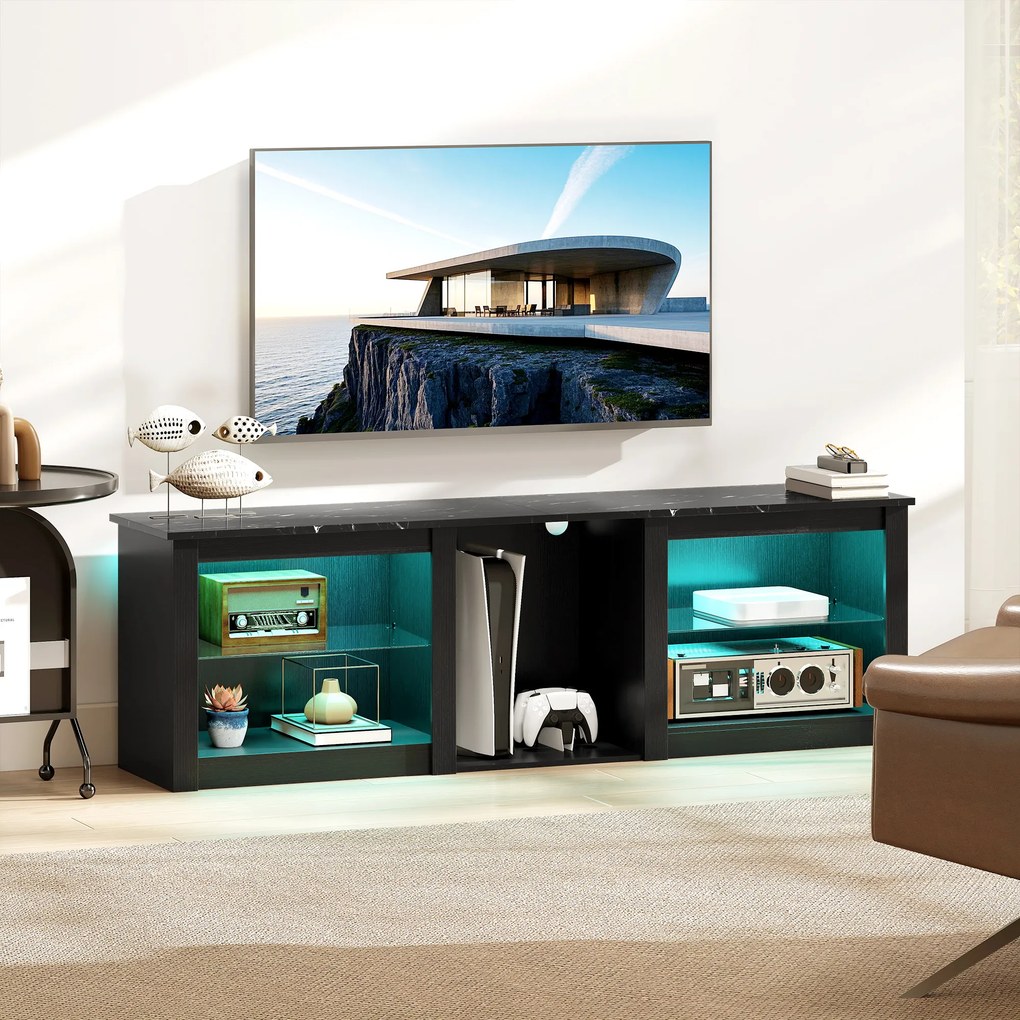 Móvel de TV com iluminação LED para televisores até 65 polegadas, 160 C x 35 L x 49,7 A cm, com prateleiras de vidro ajustáveis, preto