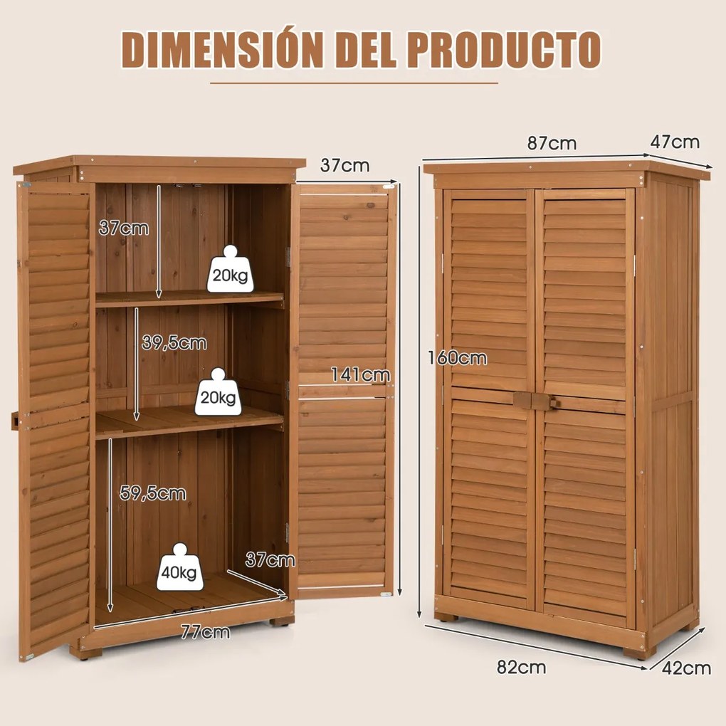 Armário de ferramentas de jardim Abrigo de armazenamento de madeira com 3 prateleiras removíveis Organizador externo 87 x 47 x 160 cm