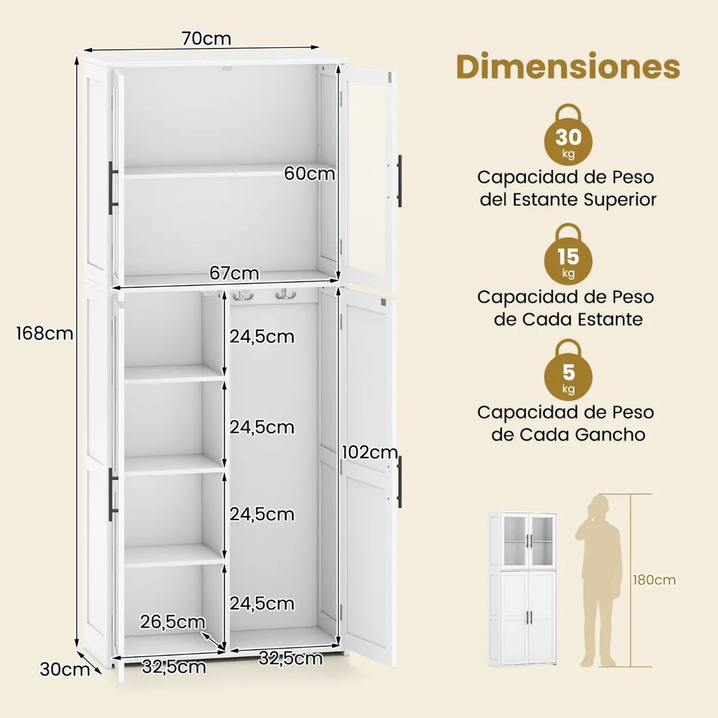 Armário para casa de banho de madeira com portas 70 cm x 30 cm x 168 cm, prateleiras e ganchos para esfregonas branco
