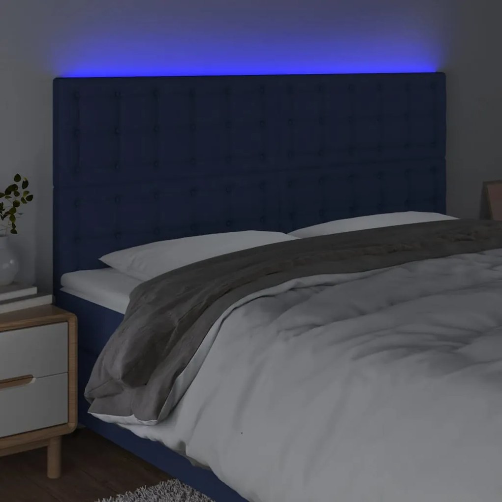 Cabeceira de cama c/ luzes LED tecido 200x5x118/128 cm azul