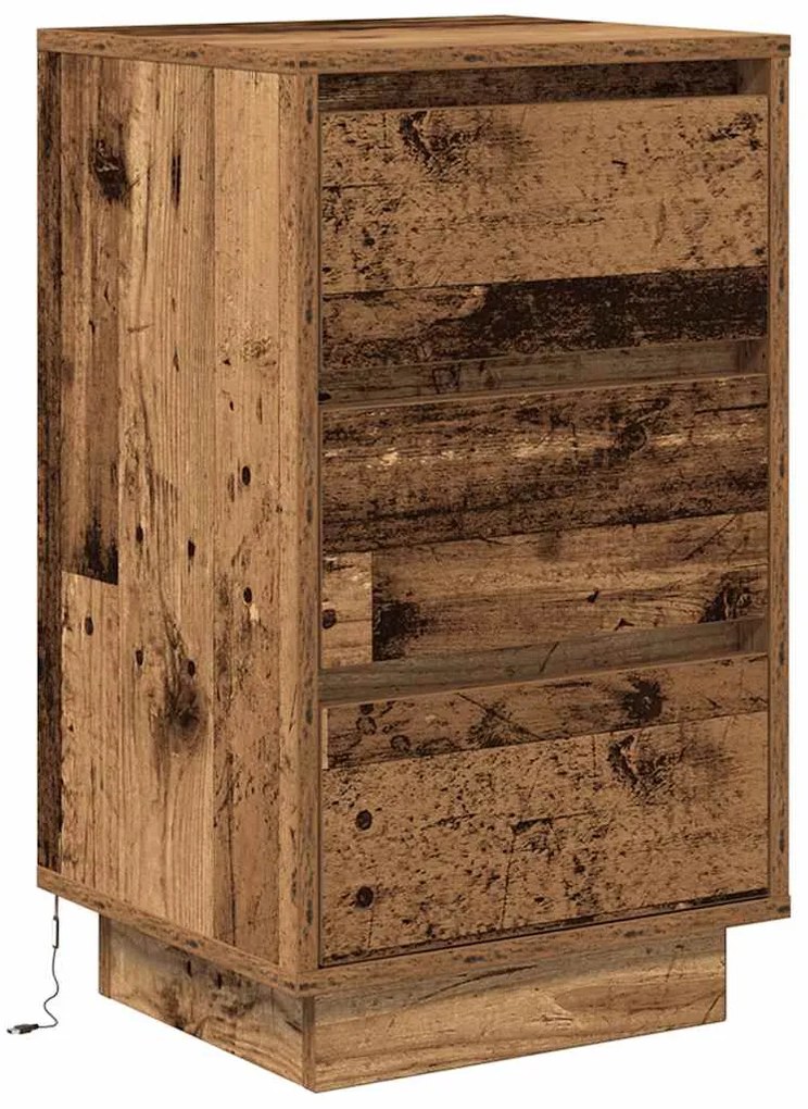 Mesa de cabeceira com luzes LED 38x34x65 cm madeira velha