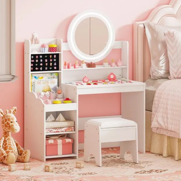 Toucador infantil com espelho e luzes para princesas, com estantes e ranhuras para anéis e banquinho branco