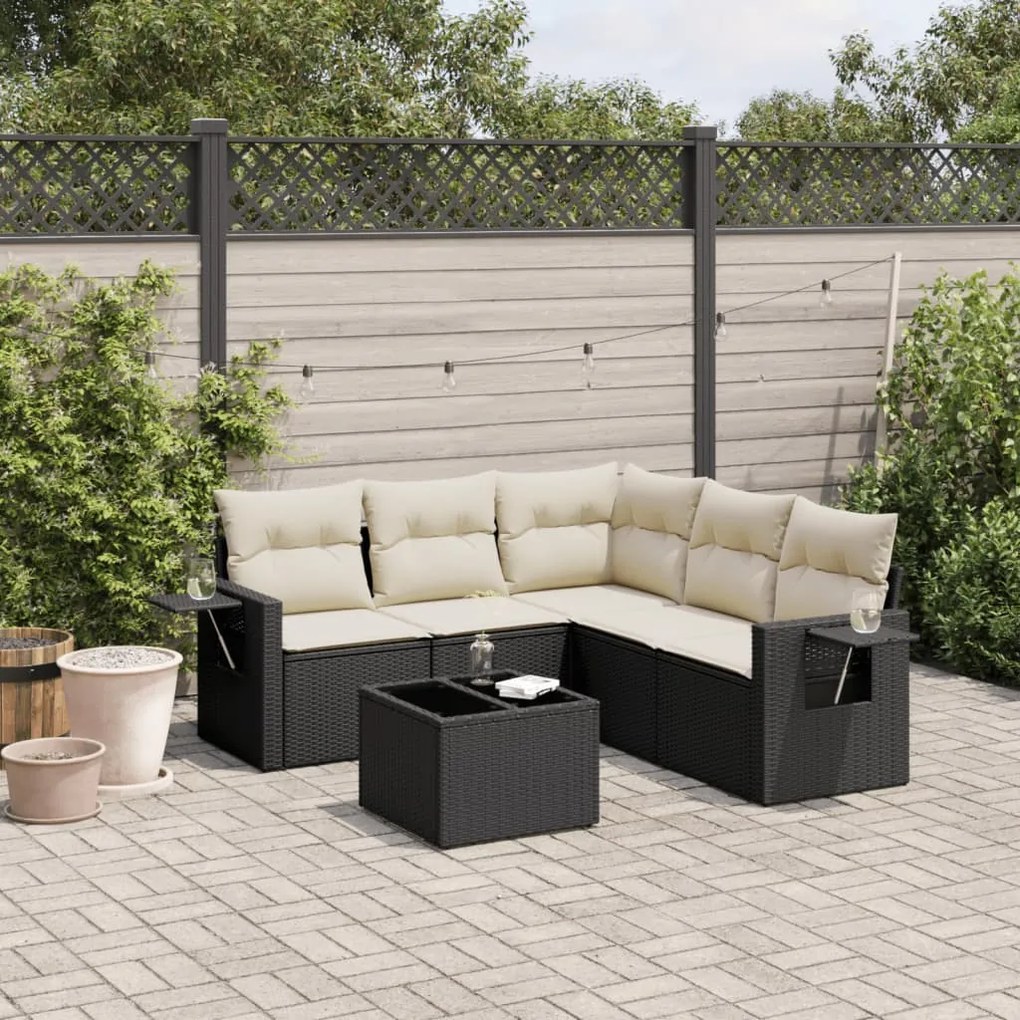 6 pcs conjunto sofás de jardim c/ almofadões vime PE preto
