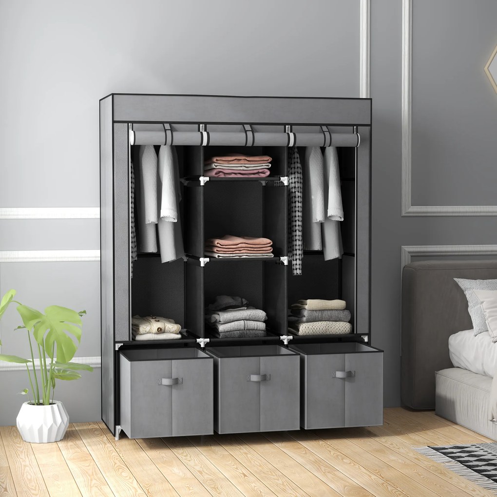 Guarda Roupa dobrável em tecido com 5 prateleiras, 2 varões e 3 gavetas em tecido 125 C x 43 L x 162,5 A cm Cinzento