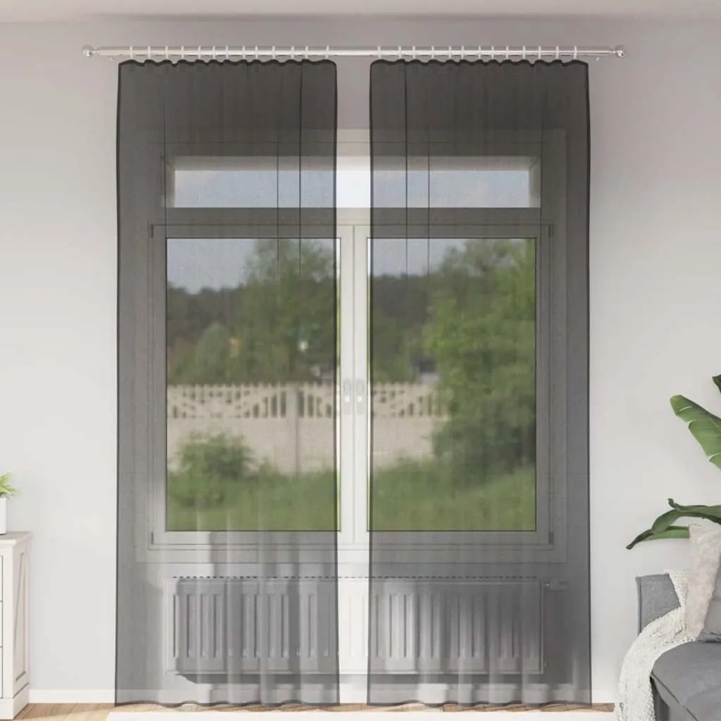 vidaXL Cortinas de voile com bolsos para varão 2 pcs preto
