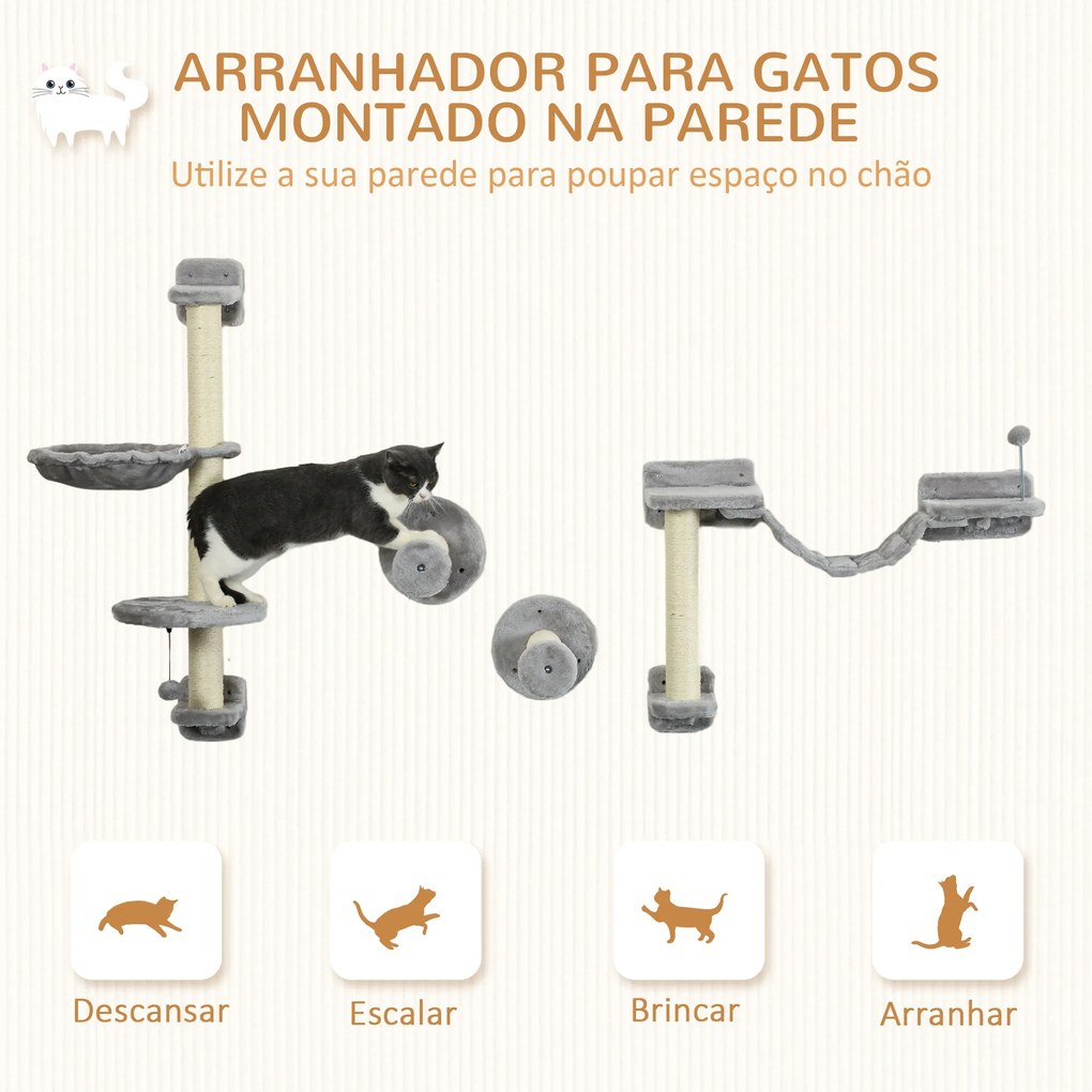 Prateleiras de Escalada para Gatos de Parede com Rede Plataformas Poste de Sisal e Escada 84,5x19x54 cm Cinza e Bege