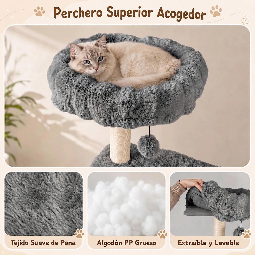 Arranhador para Gatos com Vários Níveis, 86 x 82 x 170 cm, Postes de Sisal, Cinzento