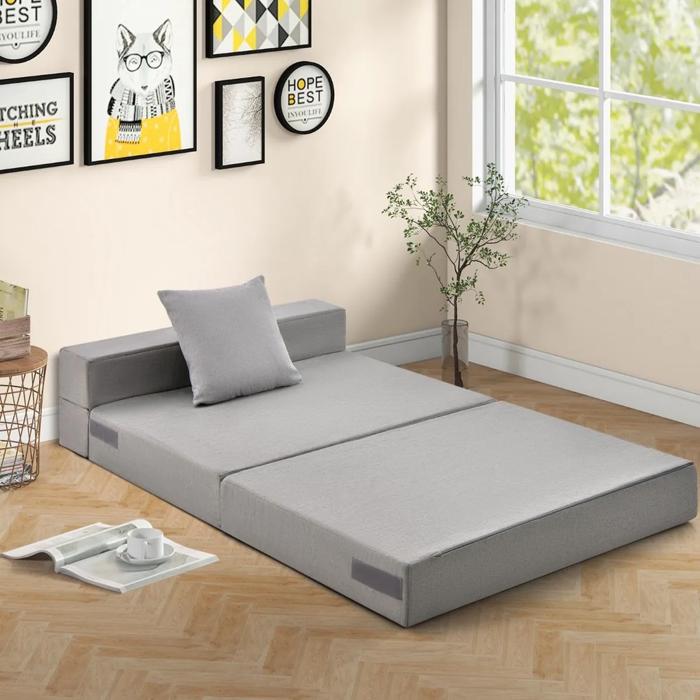 Sofá-cama de 3 seções com colchão dobrável de espuma de alta densidade com travesseiro capa lavável com fecho Cinzento