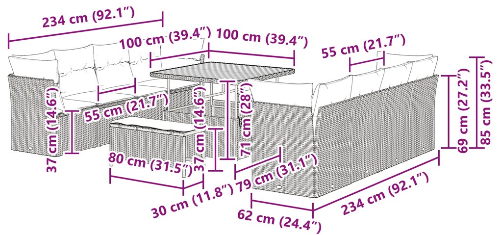 Conjunto de Sofá de Jardim de 11 Peças com Almofadas Cinza Rattan Sint